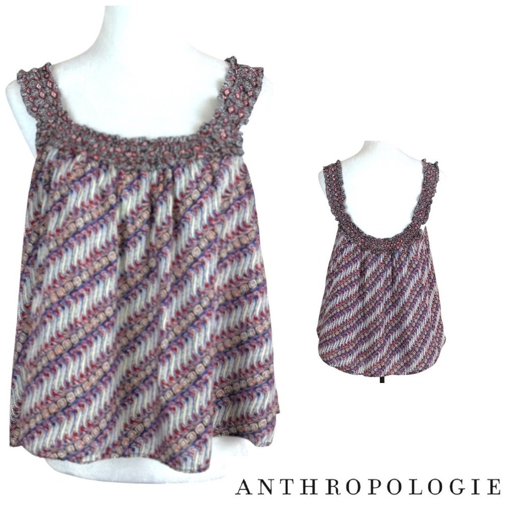 Anthropologie Sleeveless Top‎ Smocked Neckline Patterned Blouse Size Unknown